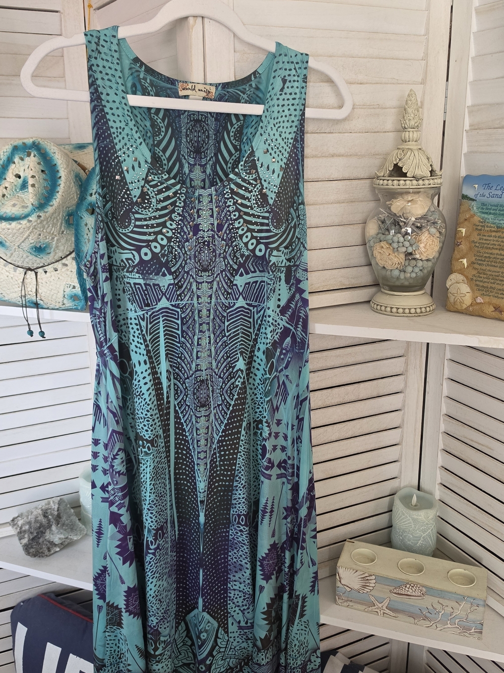 Boho Printed Midi Dress in Teal and Navy SZ L | World Unity - Picture 2 of 6